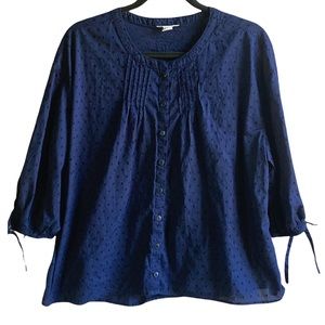 Caslon: Cotton Button Up Blouse Crewneck, Embroidered and Pleated detail | Sz M